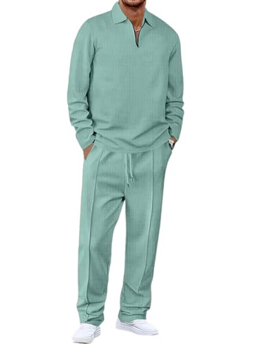 Image of Jawdrobe Men's Waffle-Check Co-Ord Set | Self-Textured Collar Top | Drawstring Jogger Pants | Cotton-Blend Loungewear /Night-Suit | Casual Travel & Streetwear Two-Piece