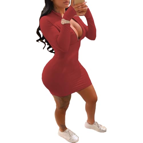 Image of Front Zipper Bodycon Dress Party Long-Sleeve Club Dresses