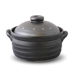 Banko Ware Japanese Rice Cooker Pot for IH and Gas Stove – Double Lid, Durable Metal Bottom, Oven-Safe, Cute Dot Design, Includes English Instruction Manual (Black lid)