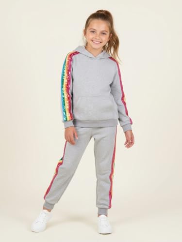 Image of WELAKEN Girls 2 Piece Outfit Rainbow Sequin Striped Sweatshirt & Sweatpants Clothing Set