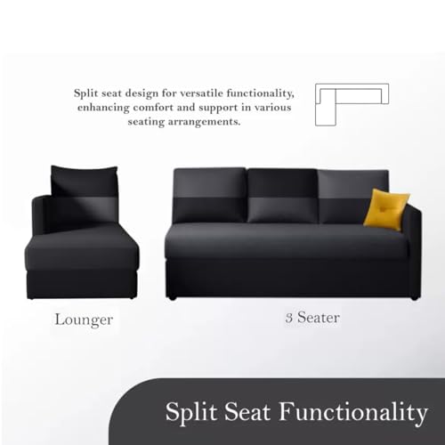 Image of FURNY Arno 8 Seater Fabric Sectional LHS L Shape Sofa Set with 1 Centre Table & 2 Ottomans (Dark Grey-Black)