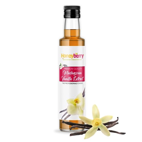 HONEYBERRY Pure Madagascan Vanilla Extract 250g (235ml) - Rich & Smooth Natural Flavour for Baking Cooking and Desserts - Premium Quality Extract from Real Vanilla Beans - 100% Natural & Gluten-Free
