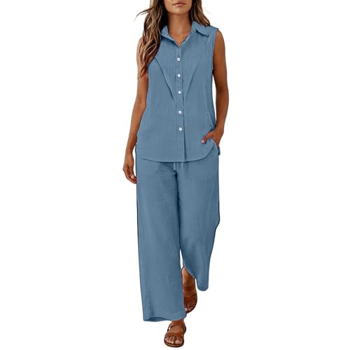 Two Piece Sets for Women Summer Sleeveless Button Down Collared