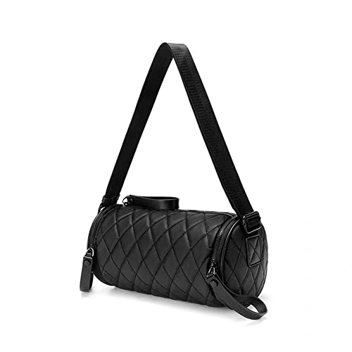 Trendy Compact Casual Cylinder Crossbody Bag Shoulder Bag Premium Fabric Rhombus Pattern Black