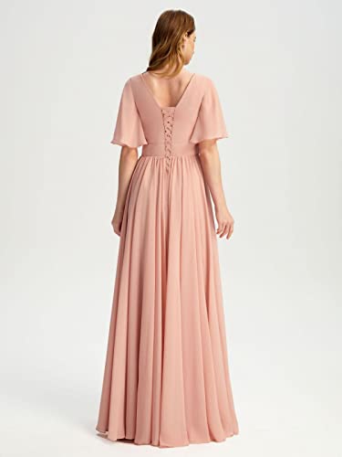 Simple V-Neck Flutter Sleeve Bridesmaid Dresses For Wedding With Slit Dusty Sage A-Line Chiffon Long Formal Party Dress With Pockets Us4 #TOP4