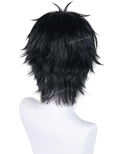 Image of Akutagawa Cosplay Wig Short Men's Black and White Anime Wig Black Male Cosplay Wig with Bangs for Women Halloween Party Costume
