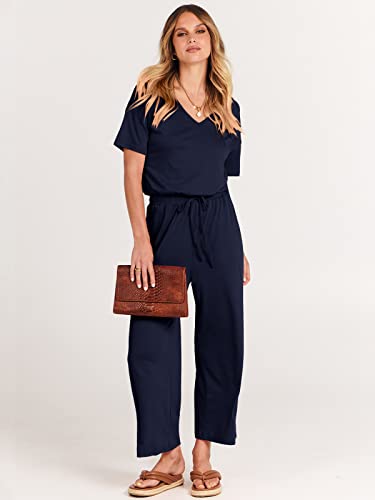 Anrabess Women Summer Casual Short Sleeve V Neck Elastic Waist Wide Leg Cropped Pants Jumpsuits Rompers With Pockets Blue X-Large thumb #1