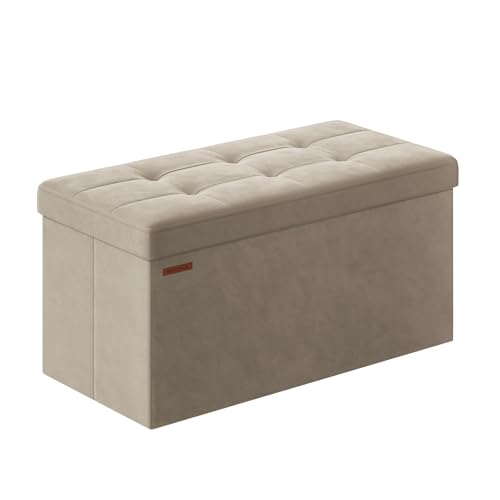 SONGMICS Storage Ottoman Bench, Foldable Ottoman Foot Rest, 15 x 30 x 15 Inches, End of Bed Bench, Storage Chest, Load up to 660 lb, for Living Room, Bedroom, Entryway, Cream White ULSF247W0