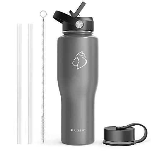 BUZIO Stainless Steel Water Bottle Vacuum Insulated (Cold for 48 Hrs, Hot for 24 Hrs), Graphite 32oz Tumbler Travel Flask with Straw Lid and Flex Cap, Fit in Any Car Cup Holder Graphite 32 O