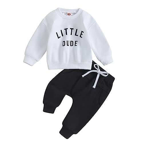 Fall Toddler Baby Boy Clothes Long Sleeve Letter Print Sweatshirt and Pants Sweatsuit Sets Cute Winter Outfits (Little Dude White, 0-6 Months)