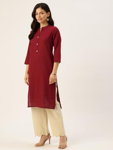 Image of feranoid Women's Plain Cotton Kurta with Mandarin Collar, 3 /4 Sleeves & Pocket