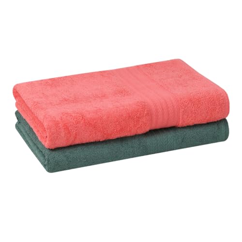 Image of Mafatlal Joy Bath Towel Large Size - Pack of 2 | 58 x 29 inch | Soft & Highly Absorbent | Quick Dry | 450 GSM | Pink N Green | Bath Towels for Men