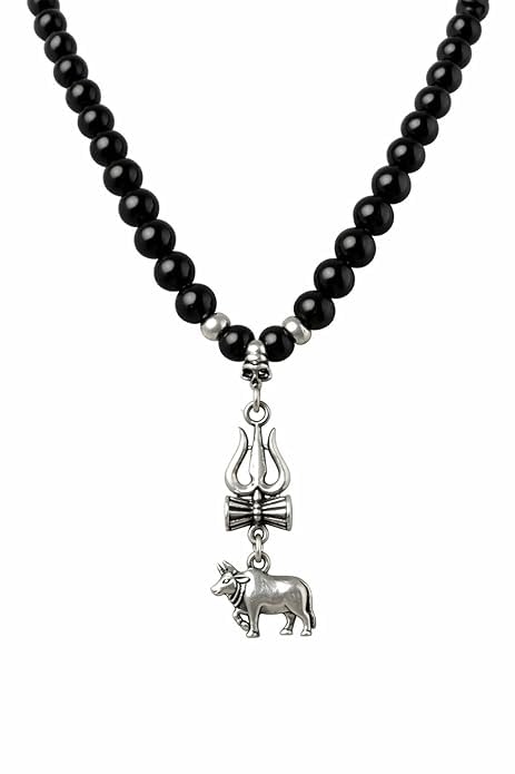 Image of Mahadev Trishul & Nandi Pendant Necklace for Men - Silver Finish Mahesh babu Shiv Pendant with Black Beads Mala | Spiritual Devotional Fashion Jewellery for Daily Use & Gifting Accessories for Men | Birthday Gift for Boy
