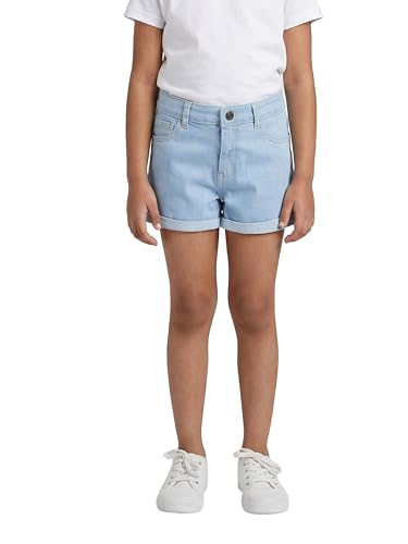 Image of KiddoPanti Girls Tight Length Rollup Denim Shorts with Lavender and Pink 3D Crochet Flowers