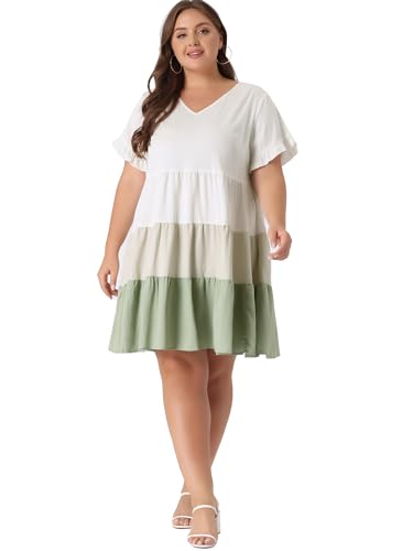 Image of Agnes Orinda Women's Plus Size Babydoll Ruffle Short Sleeve Casual Loose Flowy Swing Hem Chambray V Neck Mini Dress