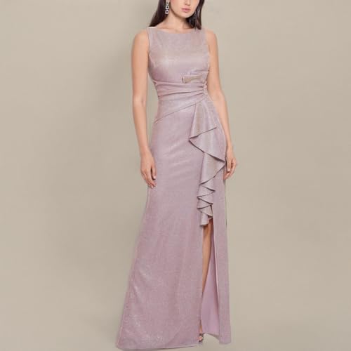 Image of Betsy & Adam Women's Long Bodycon Sleeveless Boat Neck Evening Gown with Side Slit Ruffle