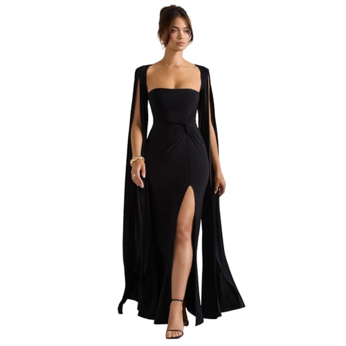 JUMISEE Women’s Flowy Cloak Sleeve Wedding Guest Dress Sexy Ruched High Slit Maxi Dress Formal Cape Cocktail Dresses4