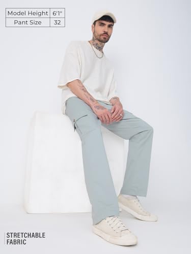 Image of The Souled Store Cargo: Men and Boys Buttoned Waist Solid Cotton Twill Lightweight Stretchable Multi Pocket Everyday Straight Fit Cargo Pants