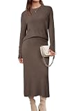 Arach&Cloz Women's Two Piece Sets 2026 Spring Dress Fashion Wool Blend Sweater Long Sleeve Crew Neck Knit Top Midi Skirts Matching Set Travel Chocolate Capsule Wardrobe Outfits (Coffee L)