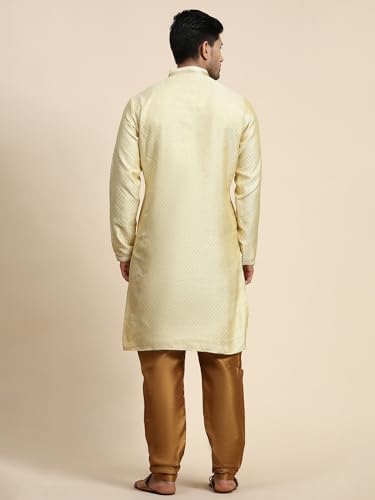 Image of SKAVIJ Men's Brocade Silk Embroidered Kurta Pajama Set Thread Work Festive Party Ethnic Dress
