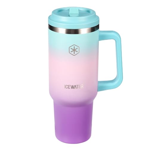 Image of ICEWATER 40 oz Tumbler with 2 Lids (Regular Straw and Flip Straw) | 100% Leak-proof Insulated Tumbler with Handle, Cup Holder Friendly, Stainless Steel Water Bottle, Secure Twist-Lock Straw