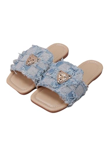 GORGLITTER Girl's Denim Sandals Dressy Square Toe Metal Jean Sandals Summer Slide Shoes Trendy Fashion