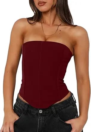 UNCOOYEE Womens Sexy Corset Tube Top Summer Trendy Lace-Up Backless Y2K Going Out Tank Tops Cute Slimming Crop Tops for Teen Girls Date Night Party Ancora Red Small