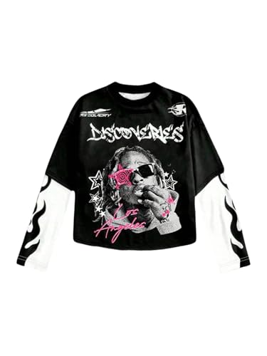 SOLY HUX Men's Graphic Tees Long Sleeve Crewneck Color Block 2 in 1 T Shirt Y2k Vintage Streetwear Tops