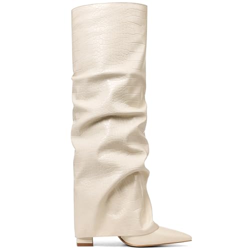 Image of SaraIris Women's Slouchy Knee High Boots - Black, Pointed Toe, Fold Over, Chunky, Shark Boots