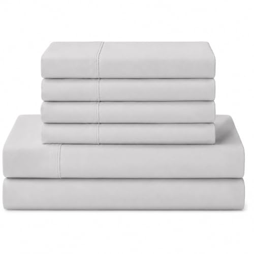 Image of Linen Home 100% Cotton Percale Sheets King Size, Silver, Deep Pocket, 6 Pieces Set- 1 Flat, 1 Fitted and 4 Pillowcases, Crisp Cool and Long Staple Strong Bed Linen