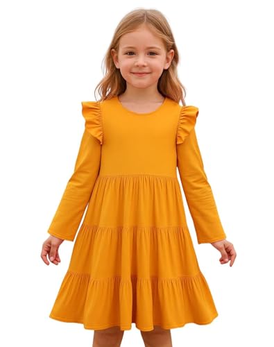 Image of Girl Long Sleeve Dress Ruffle Rainbow Color Block Cotton Casual Tiered Pleated Twirly Dress