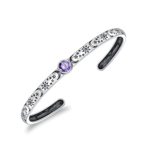 Amethyst Sun Moon Star Cuff Bracelet Sterling Silver Adjustable Bohemian Bangle, February Birthstone Jewelry Christmas Birthday Gift for Her