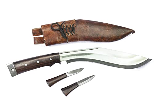 ESK Afghan Kukri Knife | Traditional Full Tang Carbon Steel Kukri Machete-11 Inch Blade, 5.5 Inch Rosewood Handle with Water Buffalo Brown Leather Sheath and Two Small Knives, Handmade in Nepal