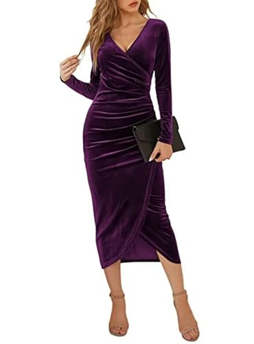 Vestido Midi Ajustado de Terciopelo para Mujer, Vestido Morado de Manga Larga Acanalada y Ajustado, Vestido de Noche para Fiesta y cóctel, otoño 2023