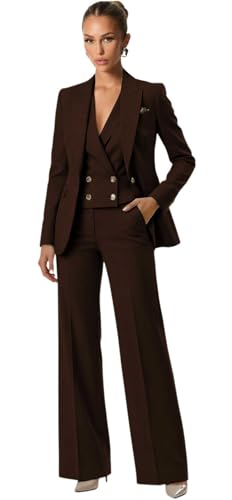 Plus Size Suits for Women 3 Piece Regular Fit Dark Brown Womens Tuxedo Suit Set V Neck One Button Womens Suits for Wedding Guest Size 5X-Large