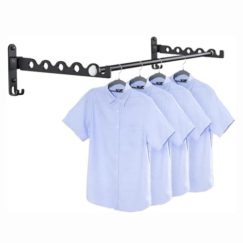 MEIJO Plegable Perchero de Pared, Gancho Percha Ropa Plegable Colgador Antideslizante para Cuarto, Baño, Balcón (Negro, 2 Piezas + Varilla)
