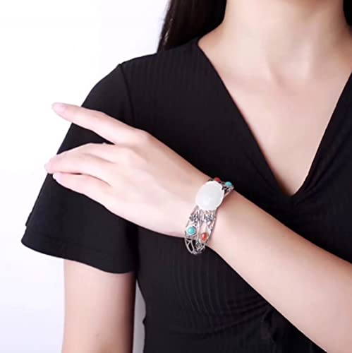 TTDGYYXW Pulseras de Plata S925 para Mujer, Pulsera Natural Tallada en Rosa de Jade hetiano, joyería Vintage para Mujer, Pulsera Abierta con Incrustaciones de ágata Turquesa, Brazalete Hueco con Caja