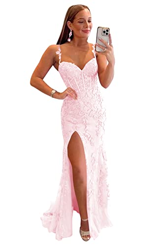Miao Duo Women's Lace Mermaid Prom Dresses Long with Slit Mermaid Spaghetti Straps Backless Formal Evening Gowns YZTS099