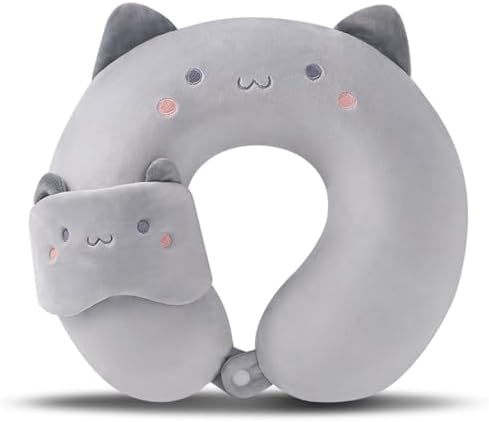 TROYSINC Reisekissen für das Flugzeug mit Augenmaske, Nackenkissen Flugzeug Kopfstütze Schlafkissen für Kinder und Erwachsene, Zuhause und Büro Schlafkissen (Grau Katze)