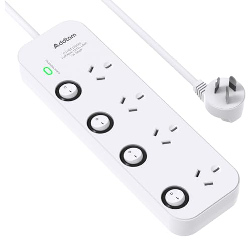 Addtam Power Board Surge Protected with Individual Switch, Powerboard with 4 Wide Spaced AC Outlets, 1M Extension Cord for Home Office Desk, Overload Protection, 350 Joules