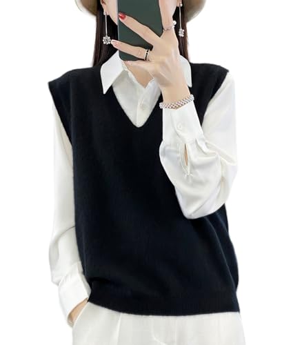 Image of Women's V-Neck Knit Sweater Vest 100% Merino Wool Lightweight Sleeveless Pullover Basic Vest Short Tops