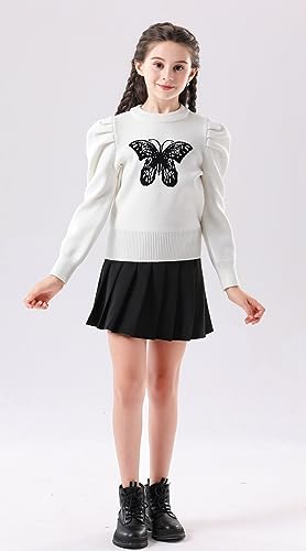 SMILING PINKER Girls Sweater Pullover Puff Sleeve Crew Neck Butterfly Camellia Knitted Crop Top2