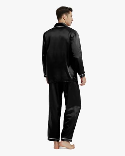 Mommesilk 100% Silk Pajamas Set for Men Long Sleeve Pajama Top with Pant Cool for Summer 2PC Silk Sleepwear Piped Soft2