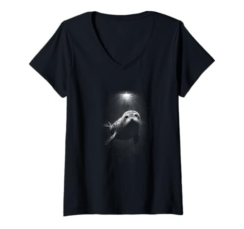 Mujer Vida Marina Marina submarina Linda y Foca común Camiseta Cuello V