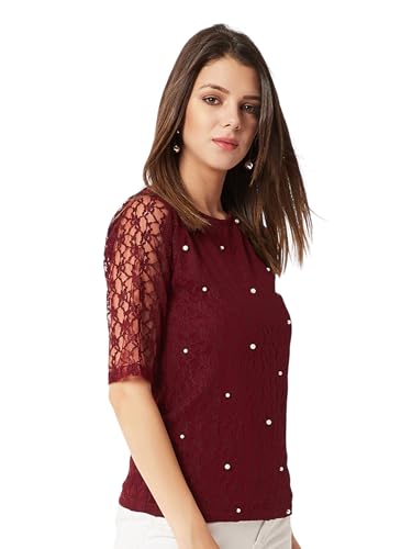 Image of Miss Chase Women's Round Neck Half Sleeves Cotton Lace and Pearl Detailing
