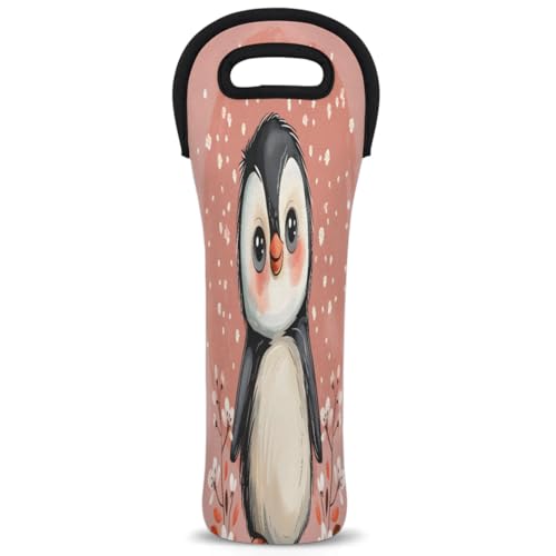 Cartoon Penguin Flower Single Bottle Wine Bag Insulated Neoprene Wine Bottle Bag Travel Tote with Handles Wine Gifts Carrier for Wedding Picnic Parties