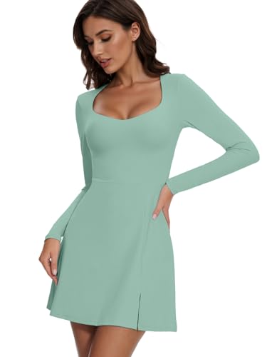 Image of Wenlia Women's Long Sleeve Sports Dress Side Split Bodycon Dress with Slit Built in Shorts