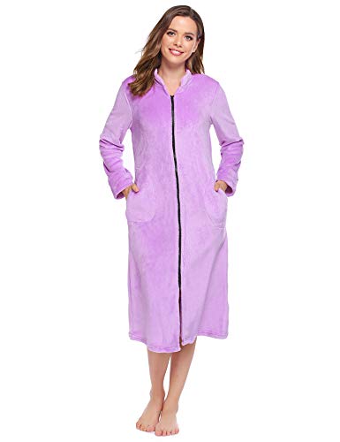 Ekouaer Robe Zip Front Fleece Bathrobe Warm Long Soft Plush Housecoat Purple Plus Size