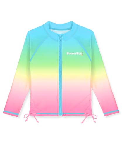 Image of BesserBay Girls Rash Guard UPF 50+ Zip Up Raglan Long Sleeve Adjustable Drawstring Swim UV Jacket 4-14 Years