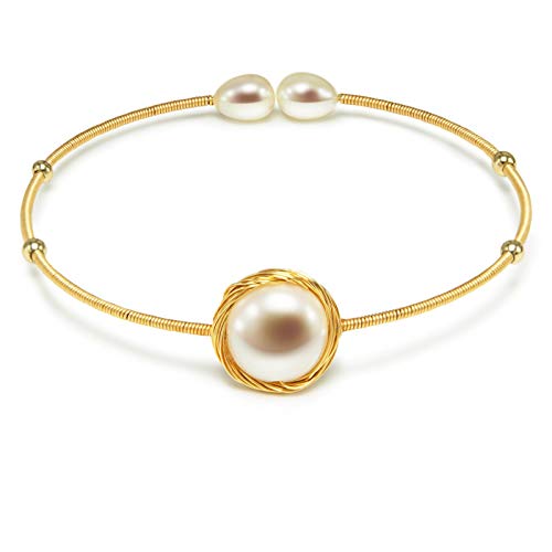 Rose&Poem Pearl Bracelet, 14K Gold Filled Freshwater Cultured Pearl Cuff Bangle Bracelet, Twisted Cable Bangle Bracelet for Women